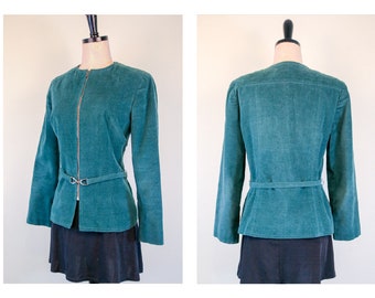 1960's Teal Green Classy Corduroy Zip Up Belted Top Blouse True Mod Size Small