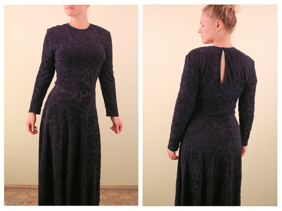 1970’s Navy Blue Floral Velvet Burn Out Mesh Maxi… - image 1