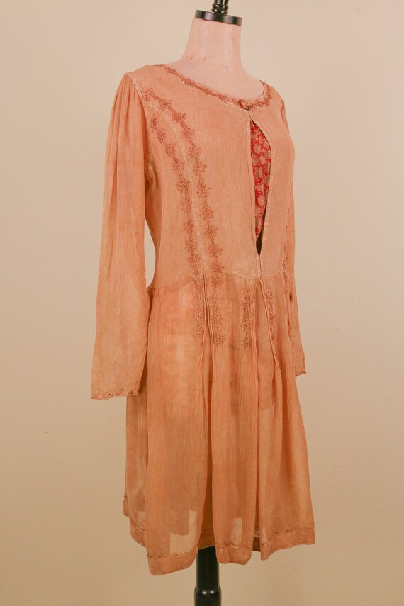 70's Tan Long Sleeve Embroidered Indian Viscose D… - image 2