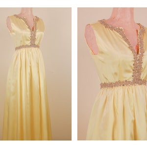 1950's Yellow With Rhinestone Empire Waist Satin Spring Formal Prom Dress Snow White image 1