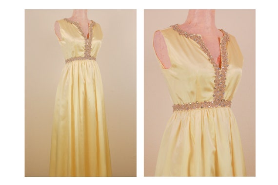 1950's Yellow With Rhinestone Empire Waist Satin … - image 1