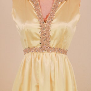 1950's Yellow With Rhinestone Empire Waist Satin Spring Formal Prom Dress Snow White image 5