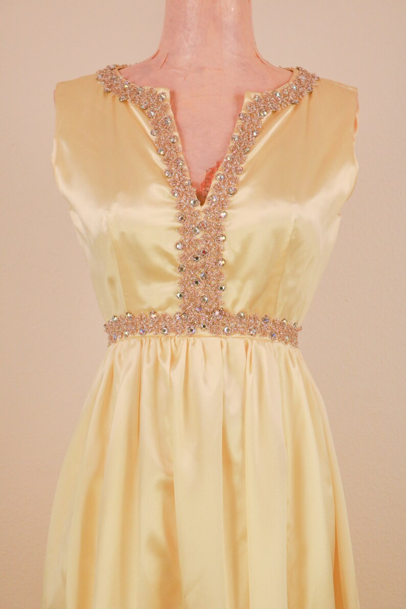 1950's Yellow With Rhinestone Empire Waist Satin Spring Formal Prom Dress Snow White image 5