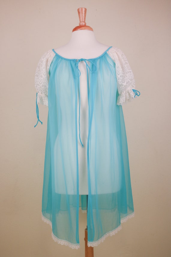 60’s Aqua Chiffon Negligee With Puff Lace Sleeves - image 3