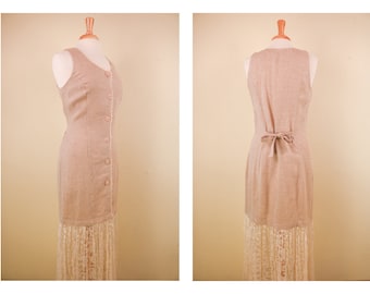 Taupe Beige Natural Fiber Linen and Lace Sleeveless Maxi Dress