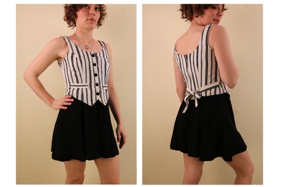 1990’s Black and White Striped Romper Beetlejuice… - image 1