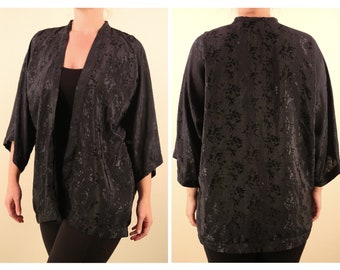 Vintage Black Satin Short Robe Sexy Firework Brocade Valentines Day