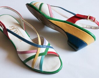 Vintage White and Rainbow Leather Wedge Peep Toe Color Blocking