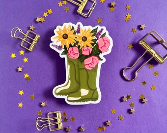 Rain Boots Spring Sticker, Plant lover gift, Houseplant Gardener Sticker, Gardening Stickers, Three Flowers Sticker, Spring Decor, Sunflower