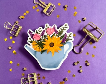 Floral Watering Can Sticker, Watering Can & Flowers Vinyl Sticker, Sunflower Sticker, Pink Rose, Floral Planner Sticker, Spring Watering Can