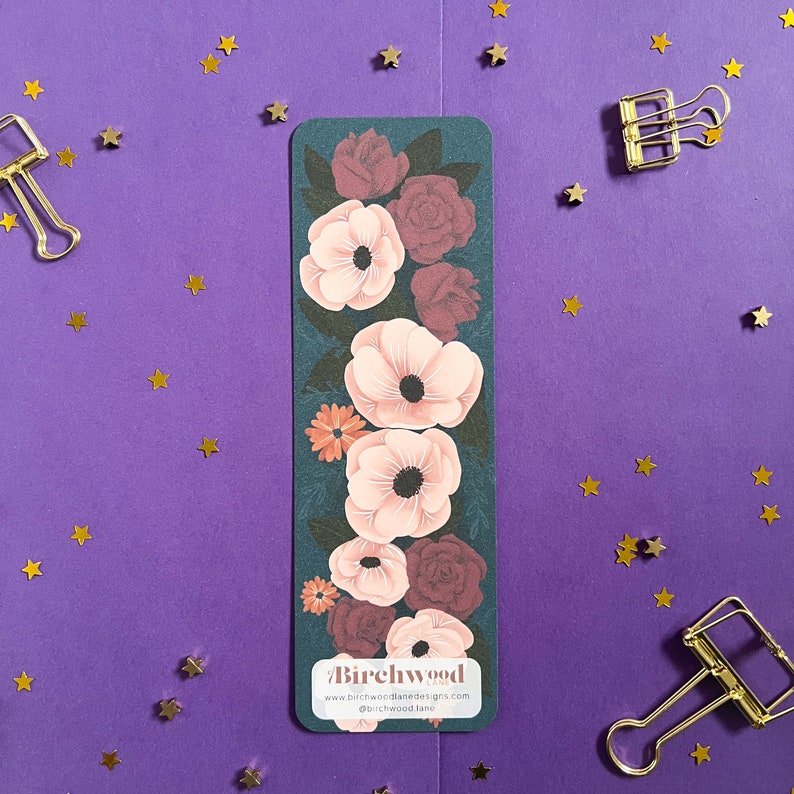 Floral Bookmark, Anemone Bookmark, Rose Bookmark, Dark Flower Bookmark, Bookworm Gift, Bookmark for Women, Floral Bookmark Watercolor image 4