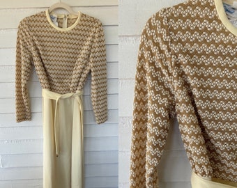70s Cream and Gold Lurex Knit Maxi Hostess Dress by Lorac Original ILGWU