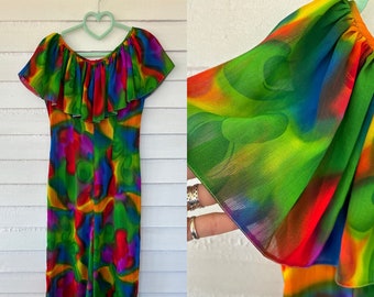 70s Psychedelic Rainbow Jumpsuit with Ruffle Collar