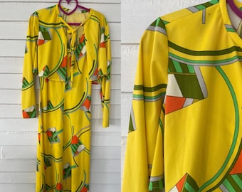 Funky Loud 70s Art Deco Bright Yellow Geometric Print Dress and Jacket set