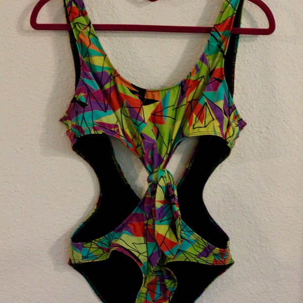 Bright 90s Monokini One Piece High Cut Abstract Print Size L by TVK