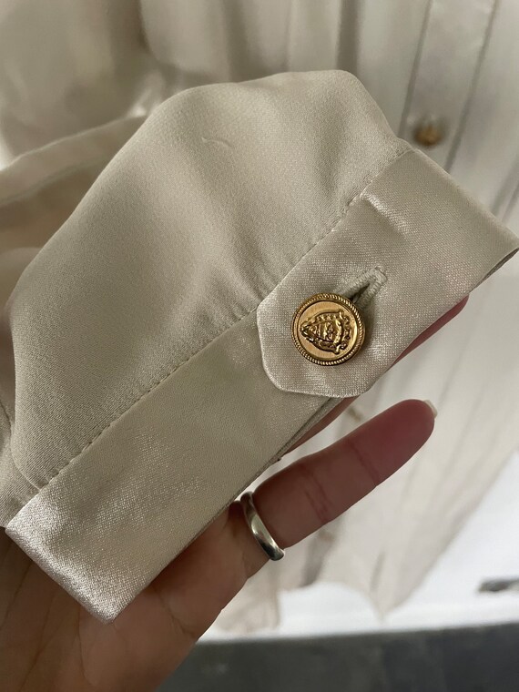 80s Ivory/Cream Gold Button Up Secretary Dress De… - image 5