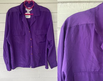 90s Swishy Bright Shiny Purple Boxy Blouse by Shapes Size S