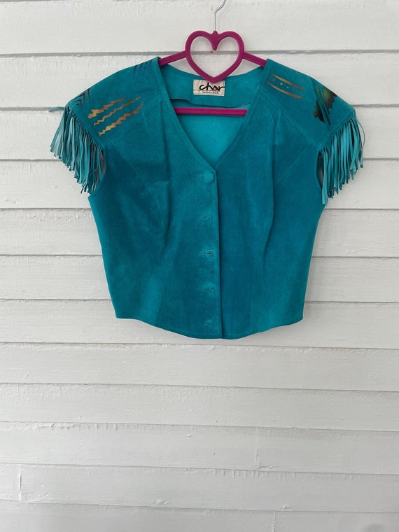 Turquoise Suede Fringe Southwestern Vest by Char