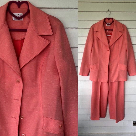 60s Coral Peach Pink Polyester Pant Suit by Nan Scott Size 10 W:24-36 
