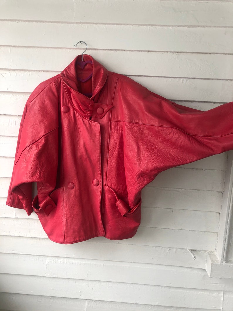 80s Barbie Lipstick Pink Batwing Oversize Soft Leather Jacket with Accent Buttons