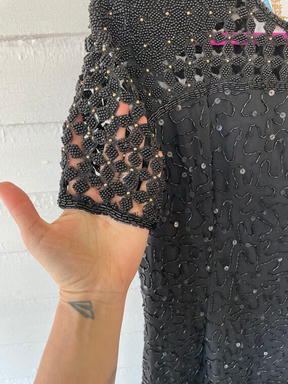 80s Beaded Silk Sparkly Black and Gold Cocktail S… - image 4