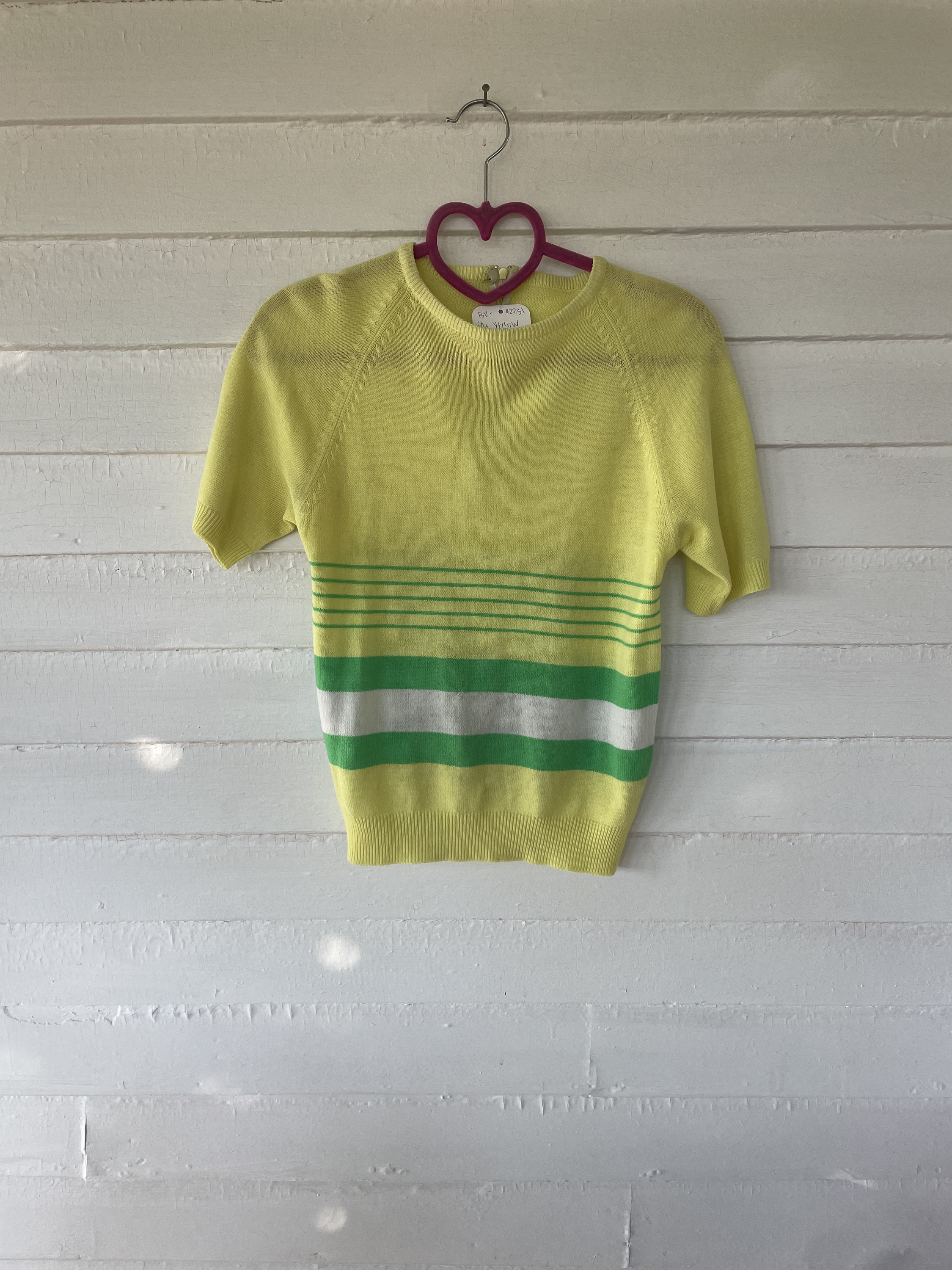 60s Mod Buttercup Yellow and Green Stripe Short Sleeve Sweater Knit Top ...