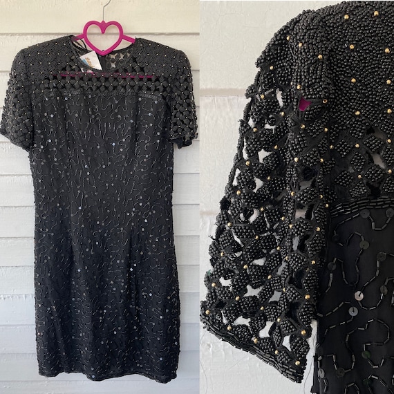 80s Beaded Silk Sparkly Black and Gold Cocktail S… - image 1