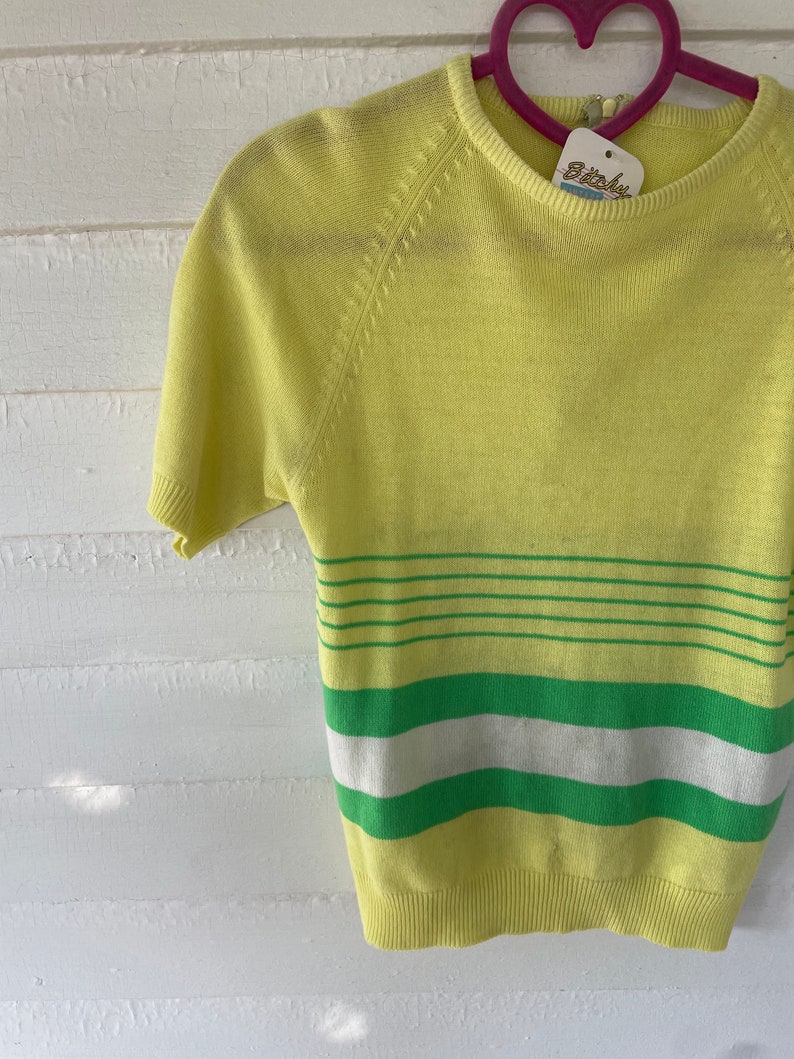 60s Mod Buttercup Yellow and Green Stripe Short Sleeve Sweater - Etsy