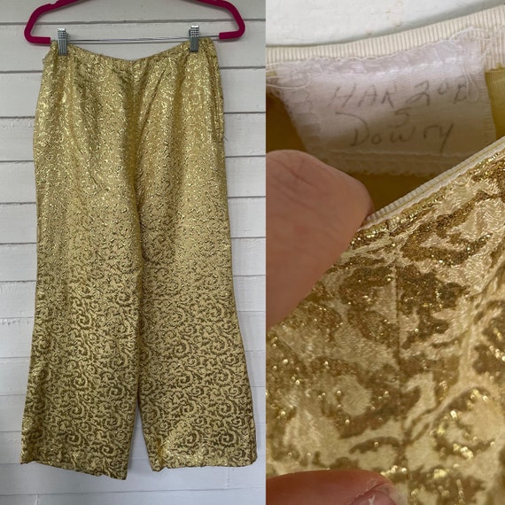 60s Gold Lame Wide Leg Sparkly Shiny Palazzo Pant… - image 1
