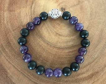 Amethyst + Matte Black Onyx Gemstone Bracelet- 8mm