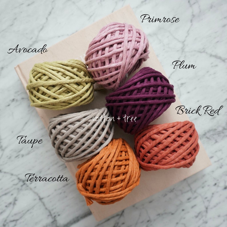 Op de afbeelding: Assortiment van katoenen touw in verschillende kleuren, waaronder avocado, taupe, terracotta, baksteenrood, pruim en primula. Het touw is in een cirkel op een lichtbruin oppervlak gerangschikt.