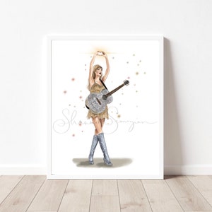 Guitar Fashion Print: Concert Singer Fan, Wall Art, Glitter Heart Decor