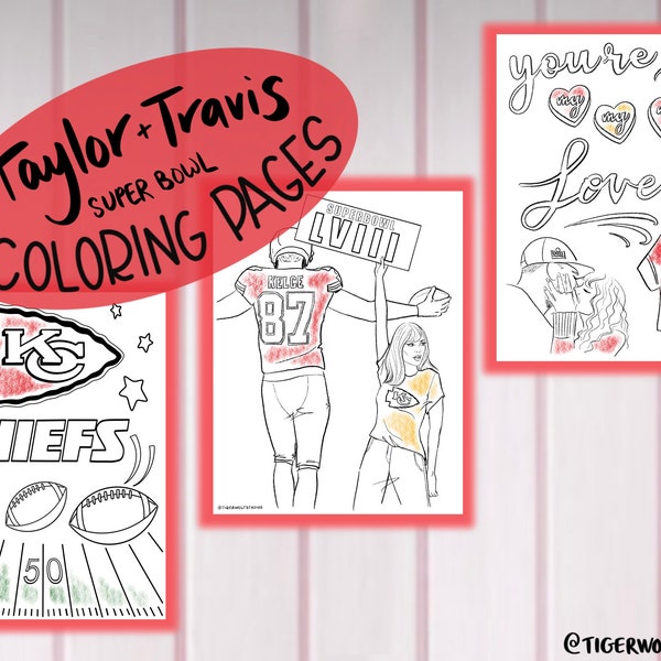 Taylor swift & Travis Kelce Kansas City Chiefs Coloring Pages -Digital Download -party -kids activities-toddler drawing-football-superbowl