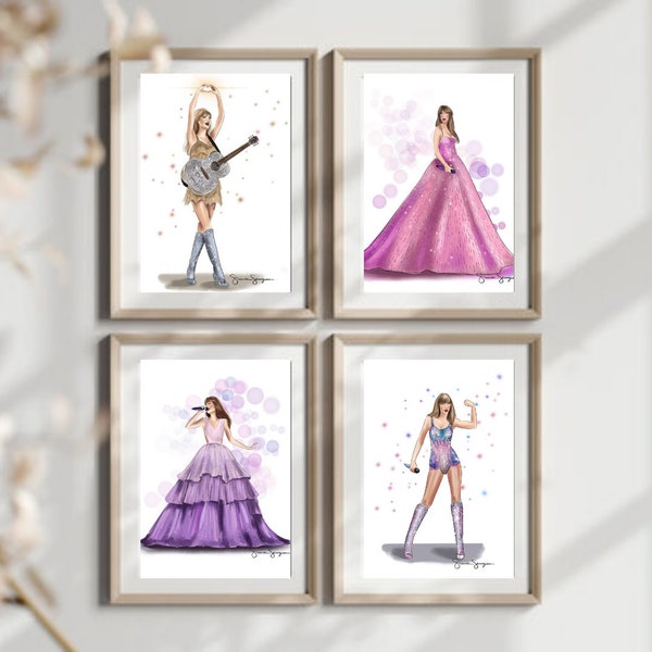 Taylor Swift Eras Tour Fashion Print -MEGA SET ALL 4-concert style- swifie fan-fan art-wall decor -glitter sparkle rhinestones heart