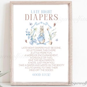 Znak na późne nocne pieluchy — pobieranie cyfrowe — projekt dla chłopca z królikiem — wydruk na baby shower — druk z domu