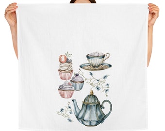 Toalla de té, toalla de té de algodón, toalla de té retro, toalla de té con tetera vintage y pasteles dulces, toalla de cocina