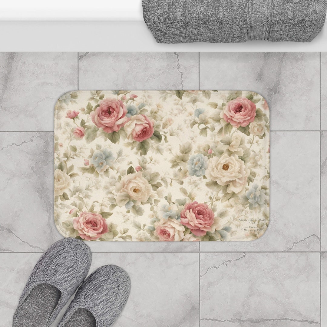 Bath Mat, Shabby Chic Bath Mat, Bath Mat With Roses, Roses Bath Mat, Romantic Bath Mat, Bath Rug