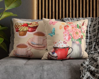 Faux Suede Square Pillowcase,throw pillowcase,flowers pillowcase, cake pillowcase, coffee pillowcase, kitchen decor, retro sweets pillowcase