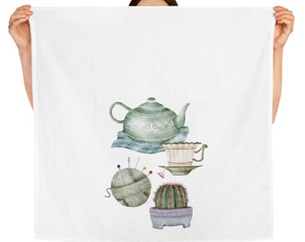 Paño de cocina, paño de cocina de algodón, paño de cocina estilo retro, paño de cocina con cactus, tetera vintage y taza de té, paño de cocina