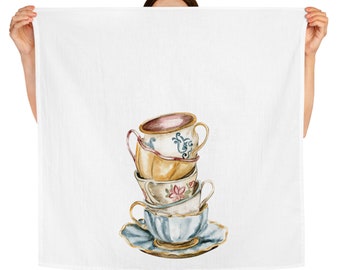 Toalla de té, toalla de cocina de algodón, toalla de cocina de estilo retro, toalla de té con pila de tazas de té, toalla de cocina