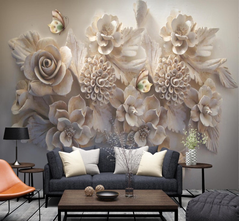 Art Deco Peel and Stick Wallpaper Relief Flower Wallpaper Etsy