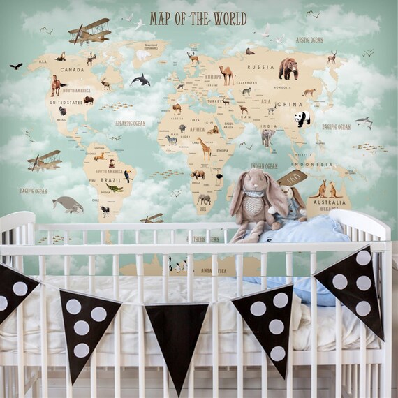 Deco peel and stick wallpaper Cartoons animal wallpaper kid | Etsy