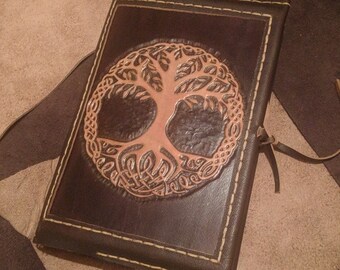 Yggdrasil handmade leather book cover, the tree of life, axis mundi, made with nordic and celtic patterns, Custom leather gift