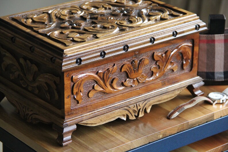 Hand Carved Walnut Mystery Box Large image 9