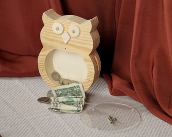 Wooden Owl Coin Bank, Piggy Bank, Customizable Money Box, Animal Bank