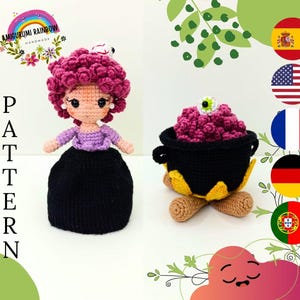 May include: A crochet doll with curly magenta hair, a light purple top, and a long black skirt, positioned next to a black crochet cauldron filled with magenta bubbles and a single green eyeball. The word PATTERN is printed vertically on the left.