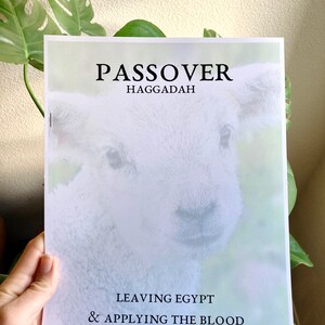 May include: A white lamb with a blurred background. The text "PASSOVER HAGGADAH" is at the top of the page. The text "LEAVING EGYPT & APPLYING THE BLOOD" is at the bottom of the page.