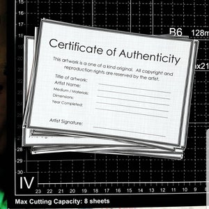 Modello di certificato di autenticità minimalista per opere d'arte originali (4 su pagina in formato A4 più formato "Lettera" per artisti statunitensi)