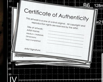 Minimalist Certificate of Authenticity Template for original artwork, (4 on A4 size page plus 'Letter' size for USA artists)