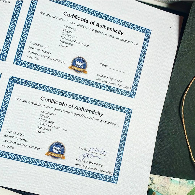 Customised Certificate of Authenticity for Handmade Jewelry, Hand Cut